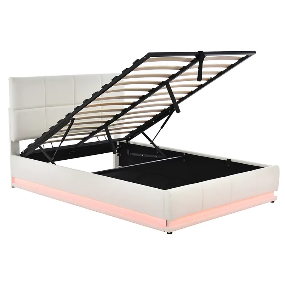 Redom Lit 140x200 cm avec coffre hydraulique et éclairage LED, tête et cadre tapissés similicuir blanc contemporain* Lit Avec Rangement