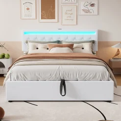 Lit 160x200 cm avec coffre hydraulique, eclairage LED multicolore avec telecommande, ports USB Type C, lin blanc>Redom Clearance