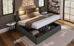 Simple Life Lit 140x200 cm avec coffre lumiere de lecture ports USB cadre PU avec sommier sans matelas* Lit Coffre