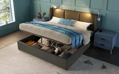 Simple Life Lit 140x200 cm avec coffre lumiere de lecture ports USB cadre PU avec sommier sans matelas* Lit Coffre