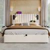 Lit 180x200 cm avec coffre, tête réglable à rivets, liseuse USB et revêtement coton-lin beige, cadre métal>Redom Outlet