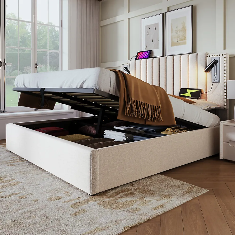 Lit 180x200 cm avec coffre, tête réglable à rivets, liseuse USB et revêtement coton-lin beige, cadre métal>Redom Outlet