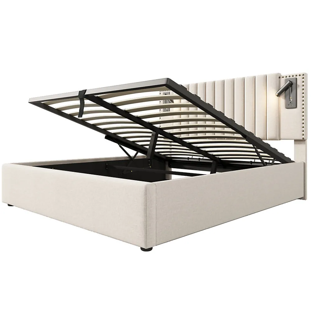 Lit 180x200 cm avec coffre, tête réglable à rivets, liseuse USB et revêtement coton-lin beige, cadre métal>Redom Outlet
