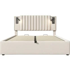 Lit 180x200 cm avec coffre, tête réglable à rivets, liseuse USB et revêtement coton-lin beige, cadre métal><noscript><img width=