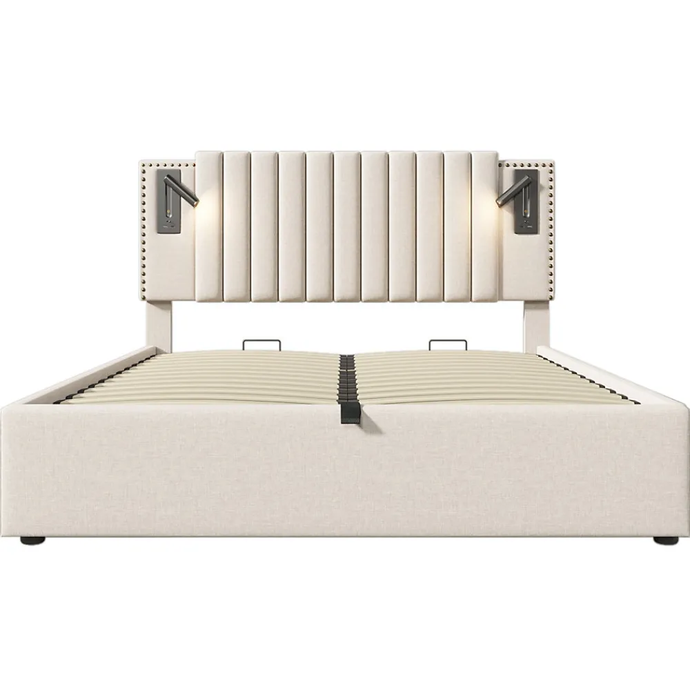 Lit 180x200 cm avec coffre, tête réglable à rivets, liseuse USB et revêtement coton-lin beige, cadre métal>Redom Outlet