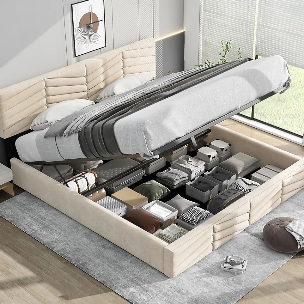 Lit 180x200 cm avec coffre, tête de lit réglable (5 cm) et revêtement velours beige, style élégant>Redom