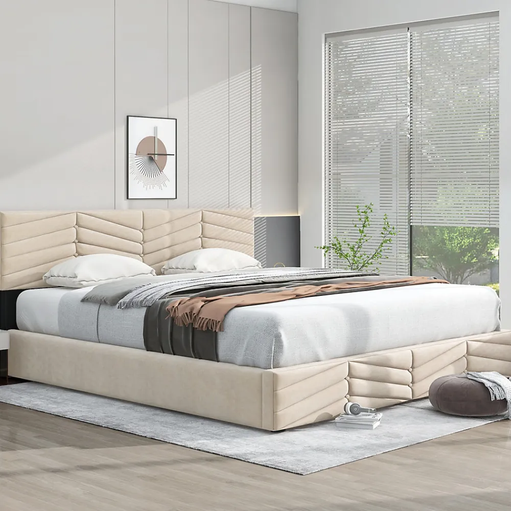 Lit 180x200 cm avec coffre, tête de lit réglable (5 cm) et revêtement velours beige, style élégant>Redom