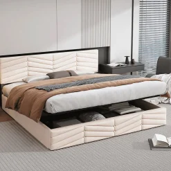 Lit 180x200 cm avec coffre, tête de lit réglable (5 cm) et revêtement velours beige, style élégant><noscript><img width=