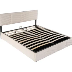 Lit 180x200 cm avec coffre, tête de lit réglable (5 cm) et revêtement velours beige, style élégant><noscript><img width=