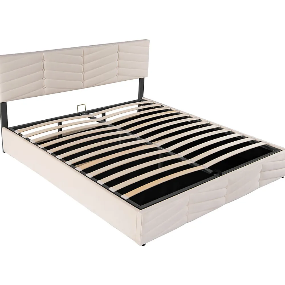 Lit 180x200 cm avec coffre, tête de lit réglable (5 cm) et revêtement velours beige, style élégant>Redom
