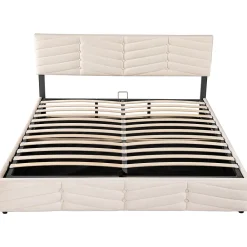 Lit 180x200 cm avec coffre, tête de lit réglable (5 cm) et revêtement velours beige, style élégant><noscript><img width=