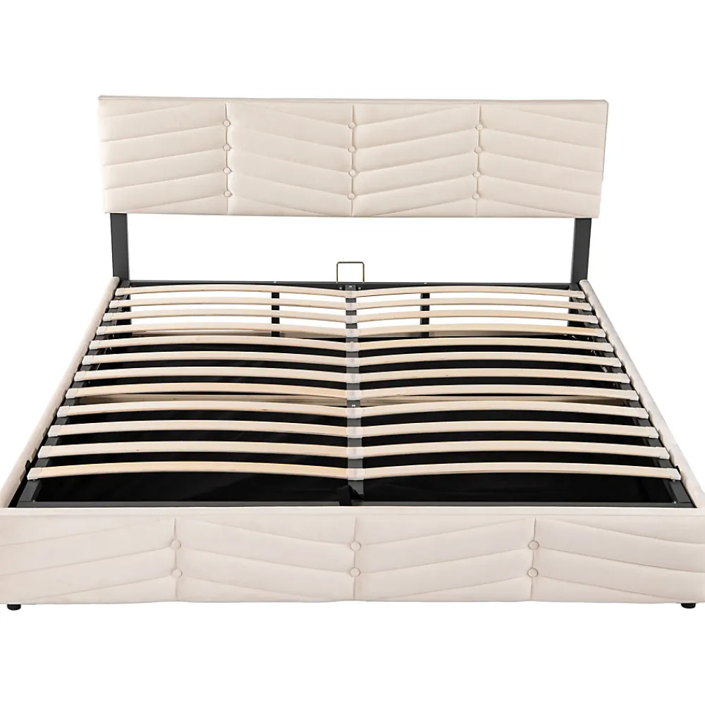 Lit 180x200 cm avec coffre, tête de lit réglable (5 cm) et revêtement velours beige, style élégant>Redom