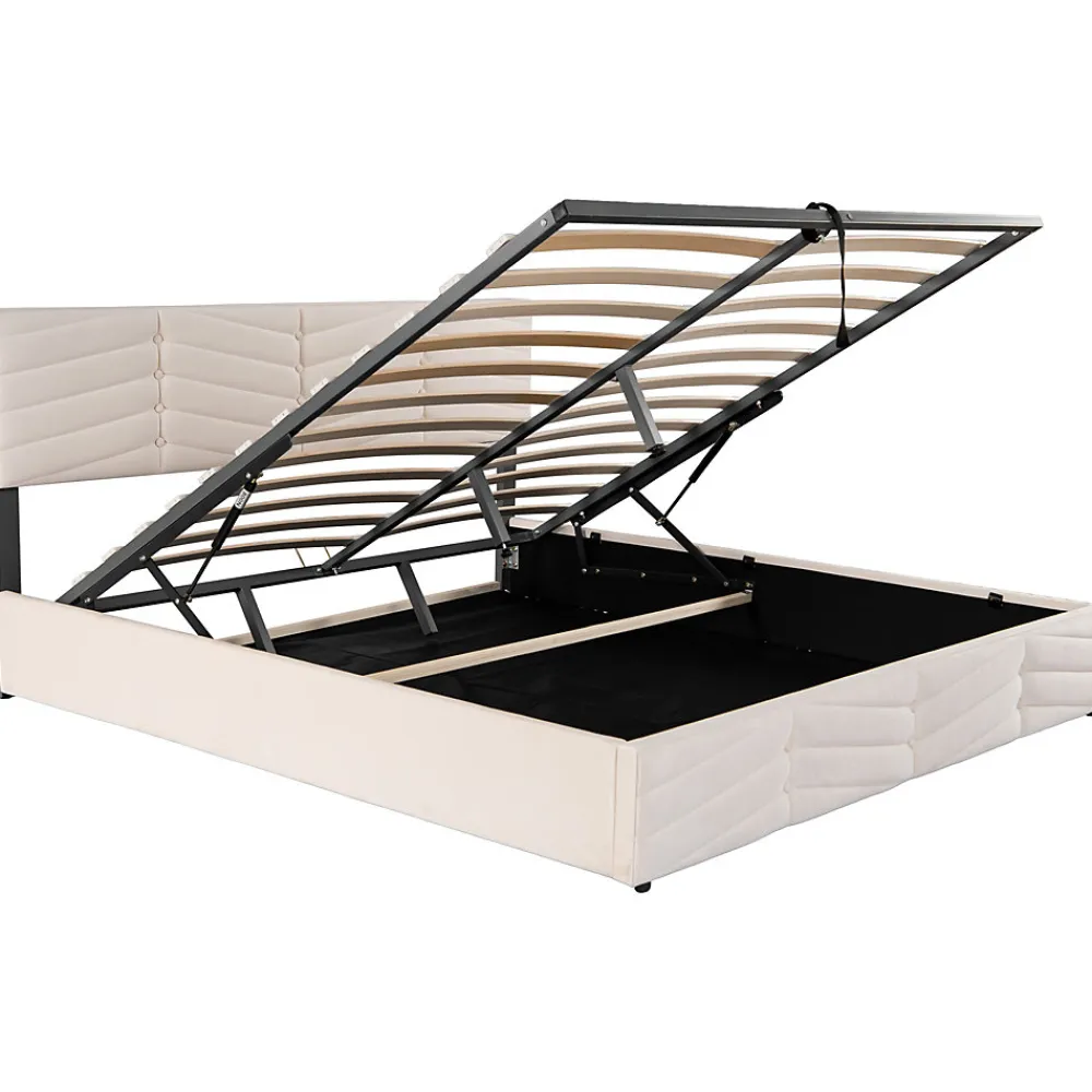Lit 180x200 cm avec coffre, tête de lit réglable (5 cm) et revêtement velours beige, style élégant>Redom
