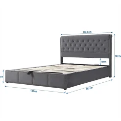 Redom Lit 140x200 cm avec coffre, tête de lit capitonnée en velours gris et banc-coffre assorti, design élégant* Lit Avec Rangement