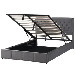 Redom Lit 140x200 cm avec coffre, tête de lit capitonnée en velours gris et banc-coffre assorti, design élégant* Lit Avec Rangement