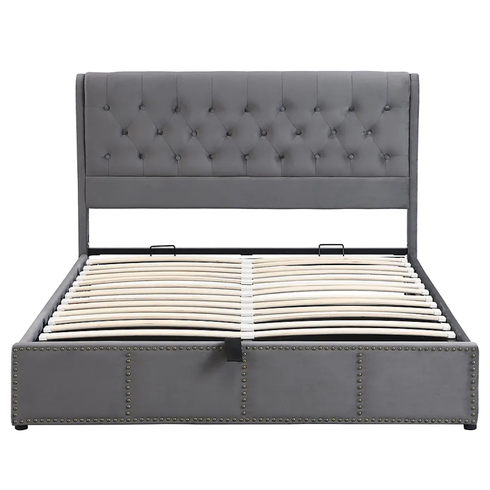 Redom Lit 140x200 cm avec coffre, tête de lit capitonnée en velours gris et banc-coffre assorti, design élégant* Lit Avec Rangement