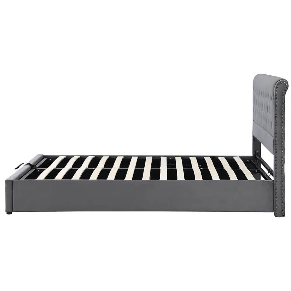 Redom Lit 140x200 cm avec coffre, tête de lit capitonnée en velours gris et banc-coffre assorti, design élégant* Lit Avec Rangement