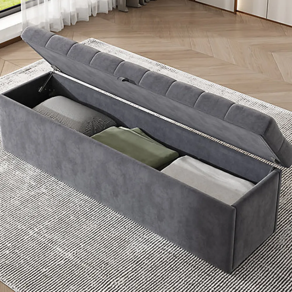Redom Lit 140x200 cm avec coffre, tête de lit capitonnée en velours gris et banc-coffre assorti, design élégant* Lit Avec Rangement
