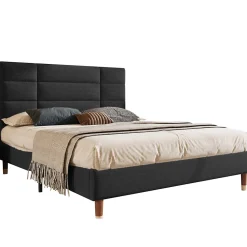 Redom Lit 140x200 cm avec espace de rangement sous le sommier et tête de lit rembourrée en lin noir* Ensemble Sommier Et Matelas