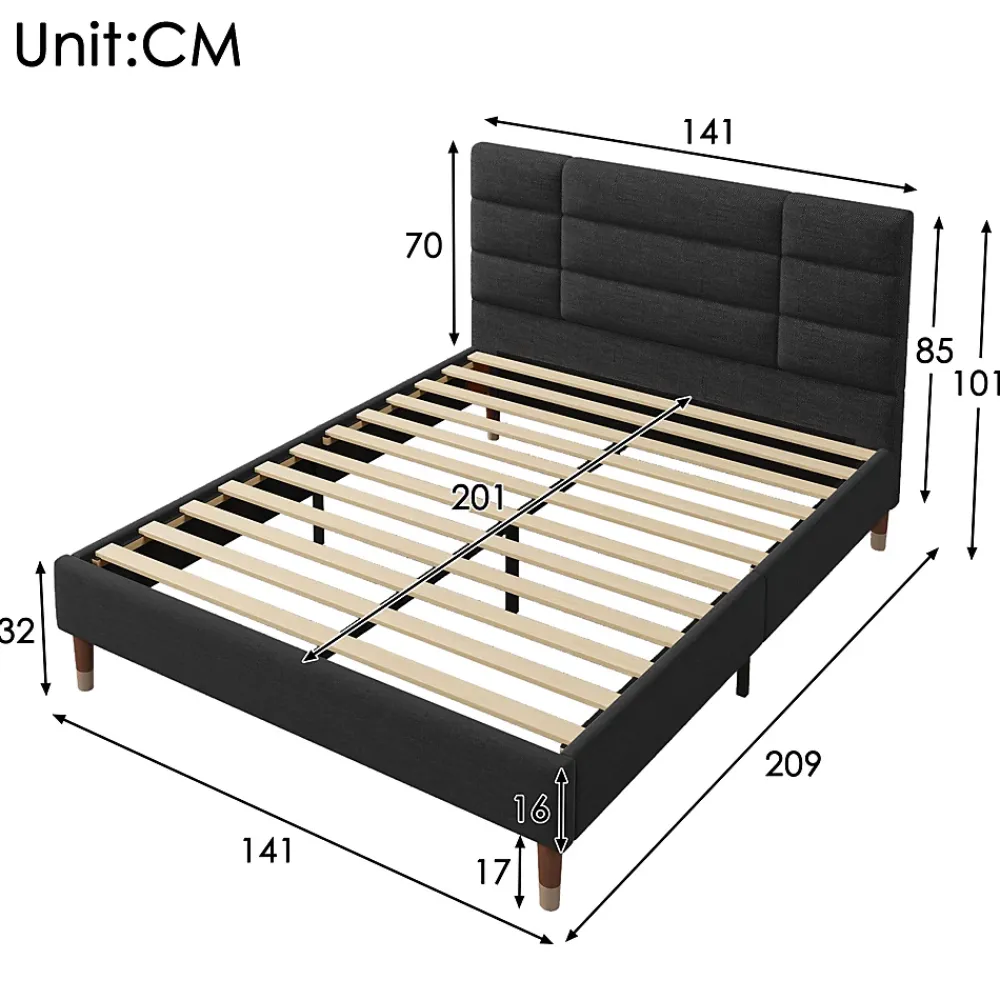 Redom Lit 140x200 cm avec espace de rangement sous le sommier et tête de lit rembourrée en lin noir* Ensemble Sommier Et Matelas