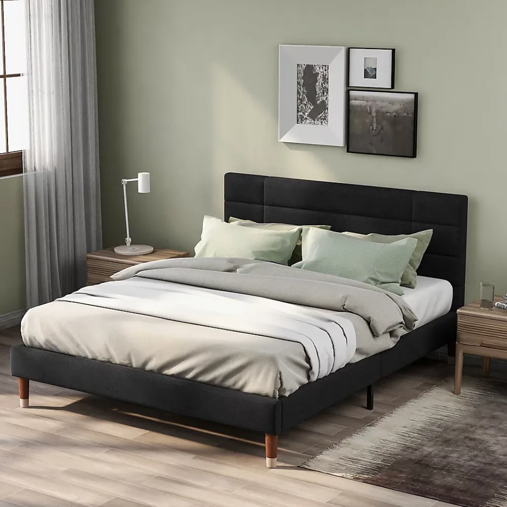 Redom Lit 140x200 cm avec espace de rangement sous le sommier et tête de lit rembourrée en lin noir* Ensemble Sommier Et Matelas