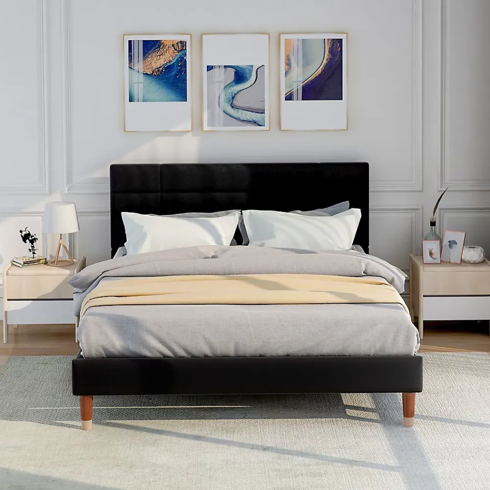 Redom Lit 140x200 cm avec espace de rangement sous le sommier et tête de lit rembourrée en lin noir* Ensemble Sommier Et Matelas