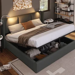 Redom Lit 160x200 cm avec grand rangement et tête de lit équipée d'une liseuse orientable et prise USB, PU gris* Lit Avec Rangement