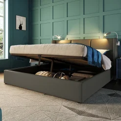 Redom Lit 160x200 cm avec grand rangement et tête de lit équipée d'une liseuse orientable et prise USB, PU gris* Lit Avec Rangement