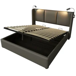 Redom Lit 160x200 cm avec grand rangement et tête de lit équipée d'une liseuse orientable et prise USB, PU gris* Lit Avec Rangement