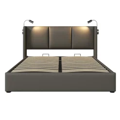 Redom Lit 160x200 cm avec grand rangement et tête de lit équipée d'une liseuse orientable et prise USB, PU gris* Lit Avec Rangement