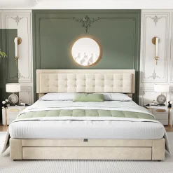 Redom Lit 160x200 cm avec grand rangement hydraulique, tête de lit réglable en velours beige et pieds métal* Lit Avec Rangement