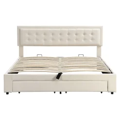 Redom Lit 160x200 cm avec grand rangement hydraulique, tête de lit réglable en velours beige et pieds métal* Lit Avec Rangement