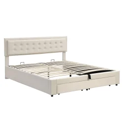 Redom Lit 160x200 cm avec grand rangement hydraulique, tête de lit réglable en velours beige et pieds métal* Lit Avec Rangement