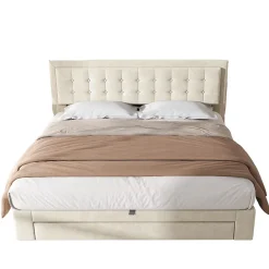 Redom Lit 160x200 cm avec grand rangement hydraulique, tête de lit réglable en velours beige et pieds métal* Lit Avec Rangement