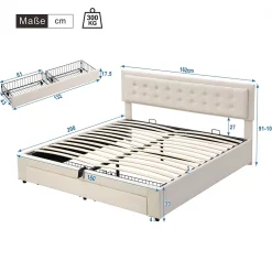 Redom Lit 160x200 cm avec grand rangement hydraulique, tête de lit réglable en velours beige et pieds métal* Lit Avec Rangement