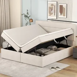 Redom Lit 140x200 cm avec grand rangement, revêtement lin beige, cadre métal et structure bois massif, style minimaliste* Lit Avec Rangement