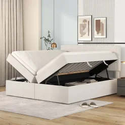 Redom Lit 140x200 cm avec grand rangement, revêtement lin beige, cadre métal et structure bois massif, style minimaliste* Lit Avec Rangement