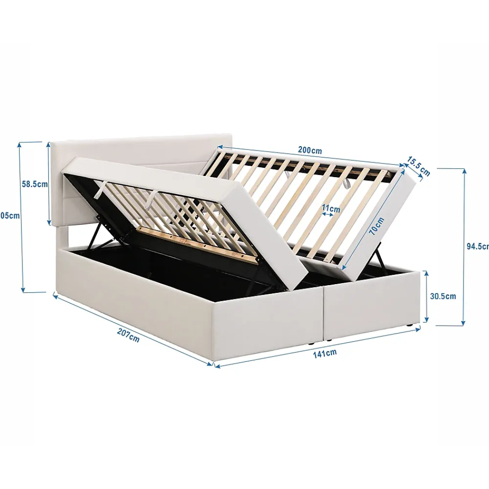 Redom Lit 140x200 cm avec grand rangement, revêtement lin beige, cadre métal et structure bois massif, style minimaliste* Lit Avec Rangement