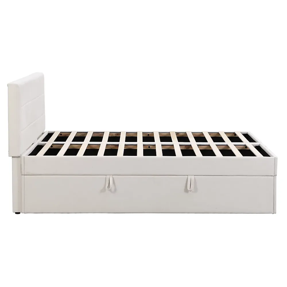 Redom Lit 140x200 cm avec grand rangement, revêtement lin beige, cadre métal et structure bois massif, style minimaliste* Lit Avec Rangement