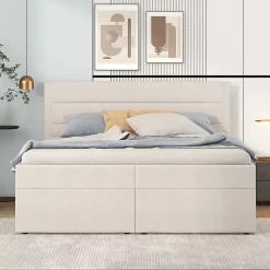 Redom Lit 140x200 cm avec grand rangement, revêtement lin beige, cadre métal et structure bois massif, style minimaliste* Lit Avec Rangement