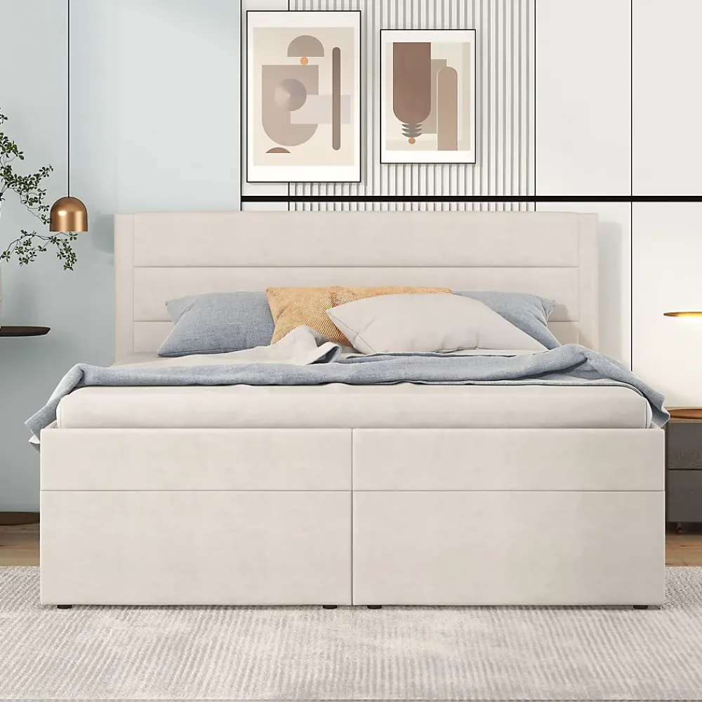Redom Lit 140x200 cm avec grand rangement, revêtement lin beige, cadre métal et structure bois massif, style minimaliste* Lit Avec Rangement