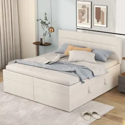 Redom Lit 140x200 cm avec grand rangement, revêtement lin beige, cadre métal et structure bois massif, style minimaliste* Lit Avec Rangement