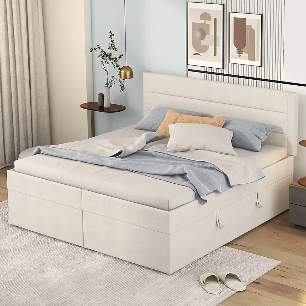 Redom Lit 140x200 cm avec grand rangement, revêtement lin beige, cadre métal et structure bois massif, style minimaliste* Lit Avec Rangement