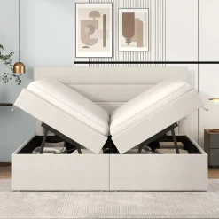 Redom Lit 140x200 cm avec grand rangement, revêtement lin beige, cadre métal et structure bois massif, style minimaliste* Lit Avec Rangement