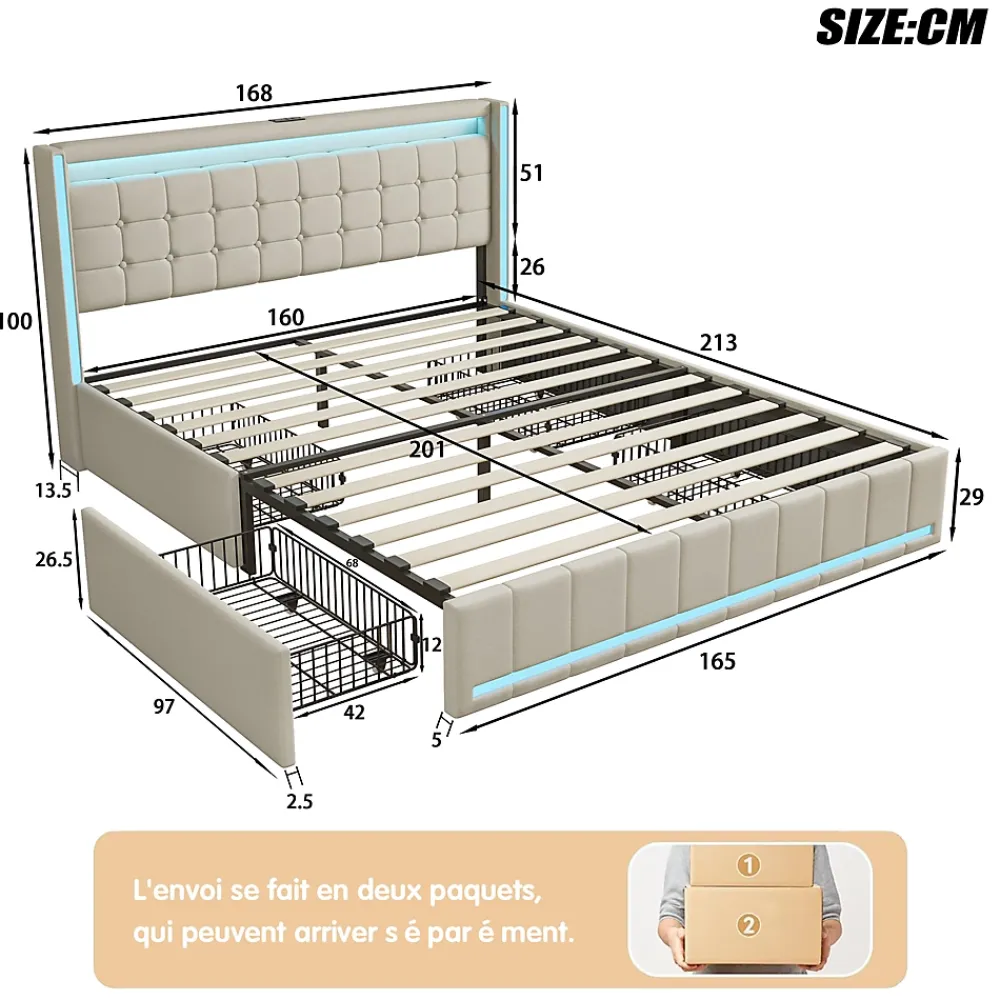 ProximaX Lit 160x200 cm avec LED, 4 tiroirs, USB et Type-C, cadre en lin, pour adultes, beige* Lit Coffre|Lit Double