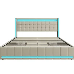 ProximaX Lit 160x200 cm avec LED, 4 tiroirs, USB et Type-C, cadre en lin, pour adultes, beige* Lit Coffre|Lit Double