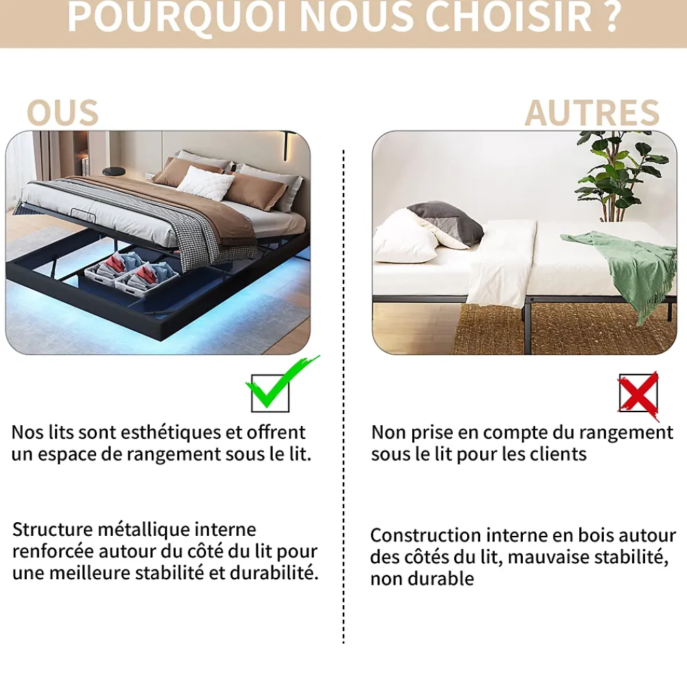 ProximaX Lit 160x200 cm avec LED, cadre flottant, base en bois, PU noir, sans tête de lit, rangement* Lit Coffre