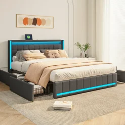 Lit 160x200 cm avec LED et ports USB Type C, lit Queen 160x200 cm avec sommier à lattes et 4 tiroirs, tissu en lin, gris foncé>ProximaX