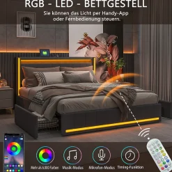 Lit 160x200 cm avec LED et ports USB Type C, lit Queen 160x200 cm avec sommier à lattes et 4 tiroirs, tissu en lin, gris foncé>ProximaX