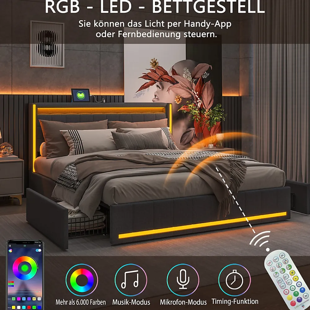 Lit 160x200 cm avec LED et ports USB Type C, lit Queen 160x200 cm avec sommier à lattes et 4 tiroirs, tissu en lin, gris foncé>ProximaX